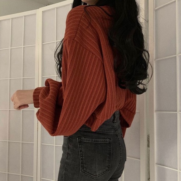 Rust Balloon Sleeve Crop Top - Picture 2 of 5